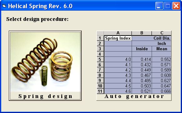 Our Helical Spring software is used to design round wire helical compression springs. The software consists of two modules. The “Auto Generator” module generates a series of spring geometries covering an index of 4 to 16 that are based on a user-defined solid load and stress. The user can then refine the most appropriate diameter spring using the “Spring Design” module, which presents results in an editable format.