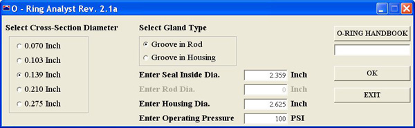 Our O-Ring Analyst software generates “standard” static O-Ring gland dimensions, and presents them in an editable format so the user can optimize them for function, manufacturability, ease of assembly, etc. Compression results take into account cross-sectional reduction due to installation stretch. Compression and extrusion gap results are given for nominal and worst case sizes, and for concentric and eccentric conditions. Nominal running friction is also estimated.