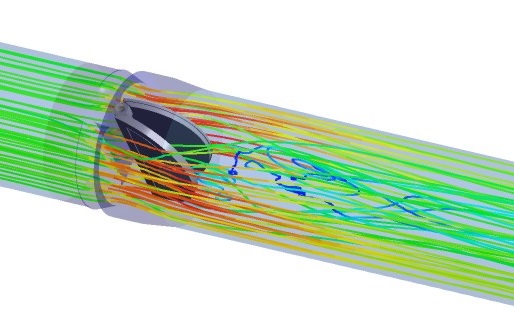 Kalsi Engineering also provides mechanical consulting engineering services. Here, the predicted flow field of a double-disc check valve is illustrated using velocity streamlines obtained using advanced computational fluid dynamics software. The model was used to predict flow-induced torque versus disc position and flow rate. 