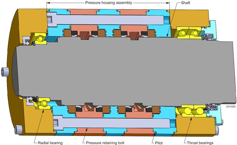 The pressure housing assembly of this high pressure hydraulic swivel consists of stacked housings that are retained together by axially oriented bolts.