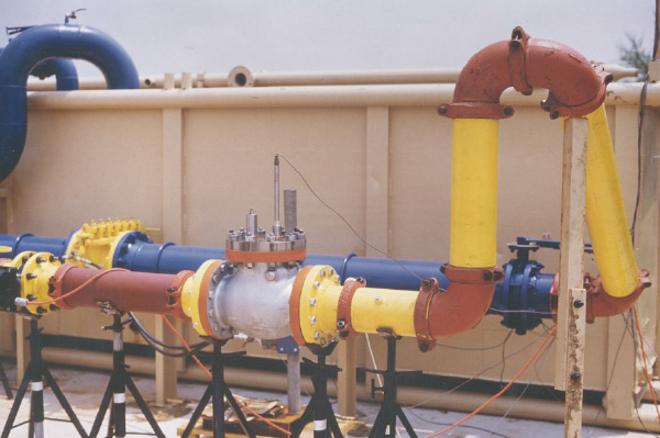 Figure 2: Check valve testing was performed at the Kalsi Engineering flow loop. The testing was performed to quantify the effect of the velocity skew due to an upstream elbow on the disc stability.