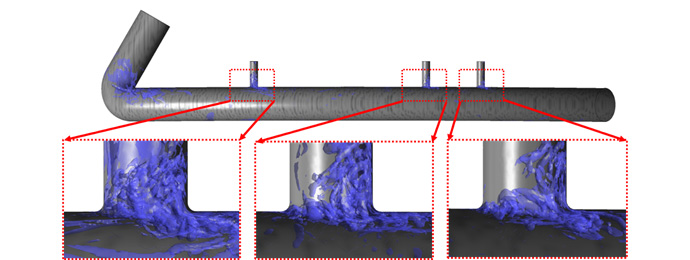 Figure 3: Shedding vortex formations due to flow 
across a closed stand pipe modeled with Large Eddy Simulation.