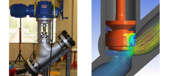 Figure 1: Kalsi Engineering instrumented a Y-pattern globe valve (a) to measure stem thrust required to operate the valve while subjected to steam flow under blowdown conditions. The test specimen dimensions were used to develop a 3D model and perform CFD predictions. The pressure contours on the plug and streamlines in the valve are shown in (b).