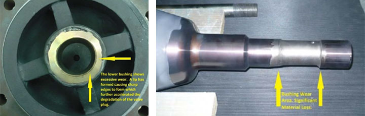 Figure 2: Excessive wear between the guide bushings and plug-stem allowed the stem to catch in the bushing and overload the stem-to-plug connection in its degraded condition.
