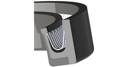 This shows the cross-section of the KLS lip seal. The dynamic lip is loaded against the shaft by a V-spring. The HNBR seal body is reinforced by a high-performance extrusion resistant plastic liner. Because of the hydrodynamic waves formed by the liner, KLS seals outperform conventional PTFE lip seals in high pressure operating conditions. 