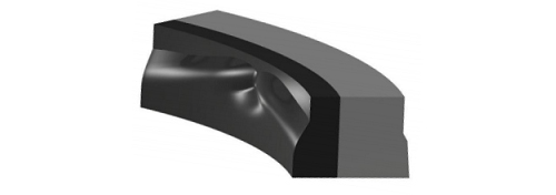 This is an example of a Kalsi Seal constructed entirely from elastomeric seal materials. The inner lip is constructed from a harder elastomer to improve high pressure sealing capability, and incorporates hydrodynamic waves that pump a film of lubricant into the dynamic sealing interface during rotation.