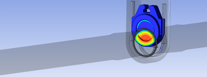 Figure 6 Pressure contours due to flow impinging on the upstream face of the gate. The location of the flow-induced force relative to the bottom of the guide slot can create a moment on the gate and cause the top of the gate to tip toward the upstream seat.