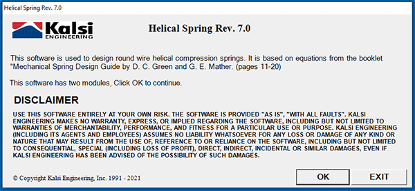 Our Helical Spring software is used to design round wire helical compression springs. The software consists of two modules. The “Auto Generator” module generates a series of spring geometries covering an index of 4 to 16 that are based on a user-defined solid load and stress. The user can then refine the most appropriate diameter spring using the “Spring Design” module, which presents results in an editable format.