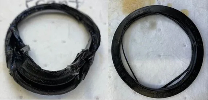 Figure 2: One 507 series seal failed in about an hour when exposed to 1,500 psi differential pressure in a seal carrier with a 0.020” radial extrusion gap. The 2.75” diameter shaft had an intentional 0.01” runout and was operating at 480 RPM. The 320 viscosity grade seal lubricant was maintained at 302°F (150°C).